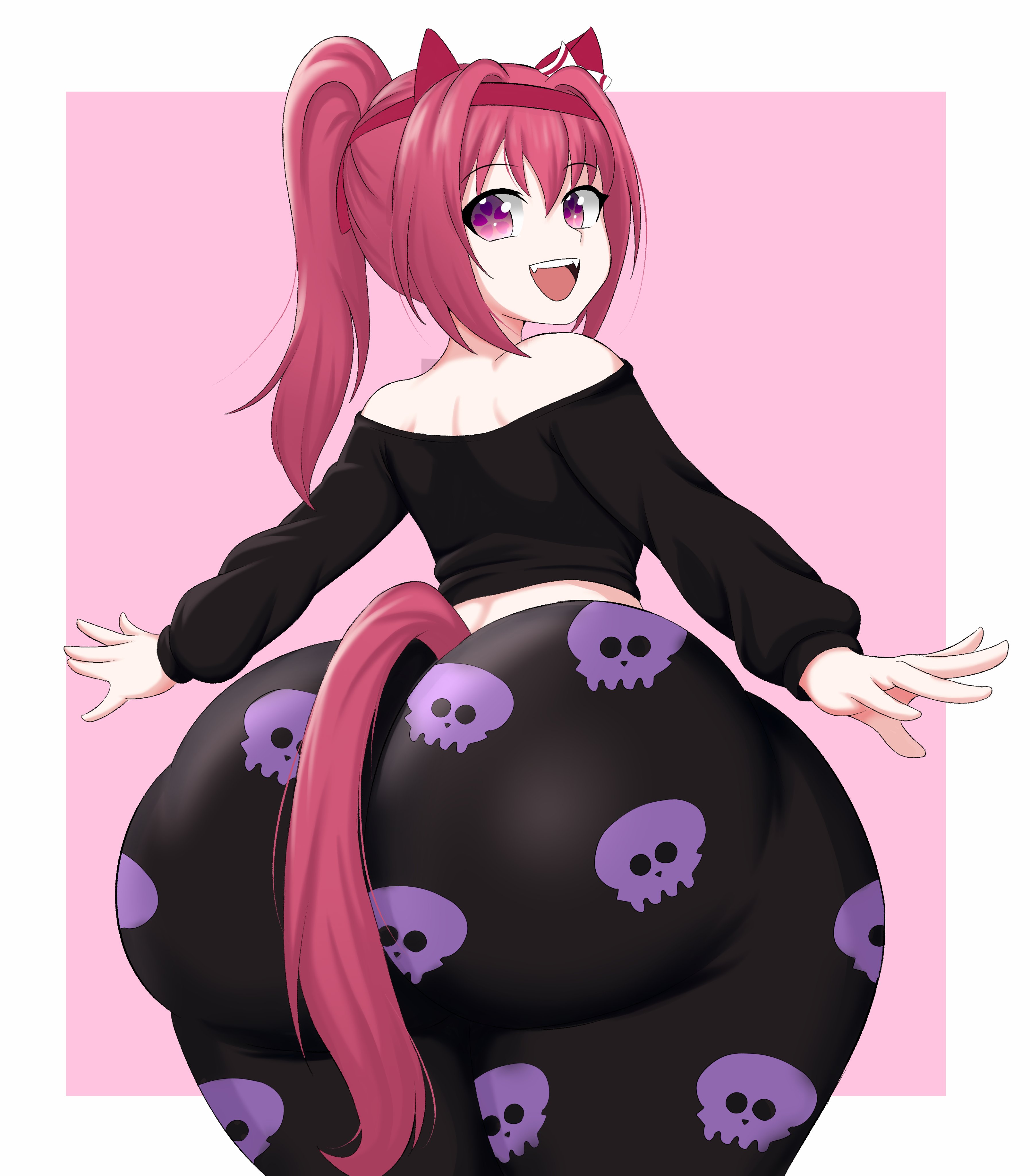 1girls, ass focus, big ass, bow, clothed, fangs, female, hairband, hairbow, haru urara (umamusume), horse ears, horse girl, horse tail, long hair, looking back, miki miki, pink eyes, pink hair, ponytail, rear view, solo, solo female, tail, umamusume