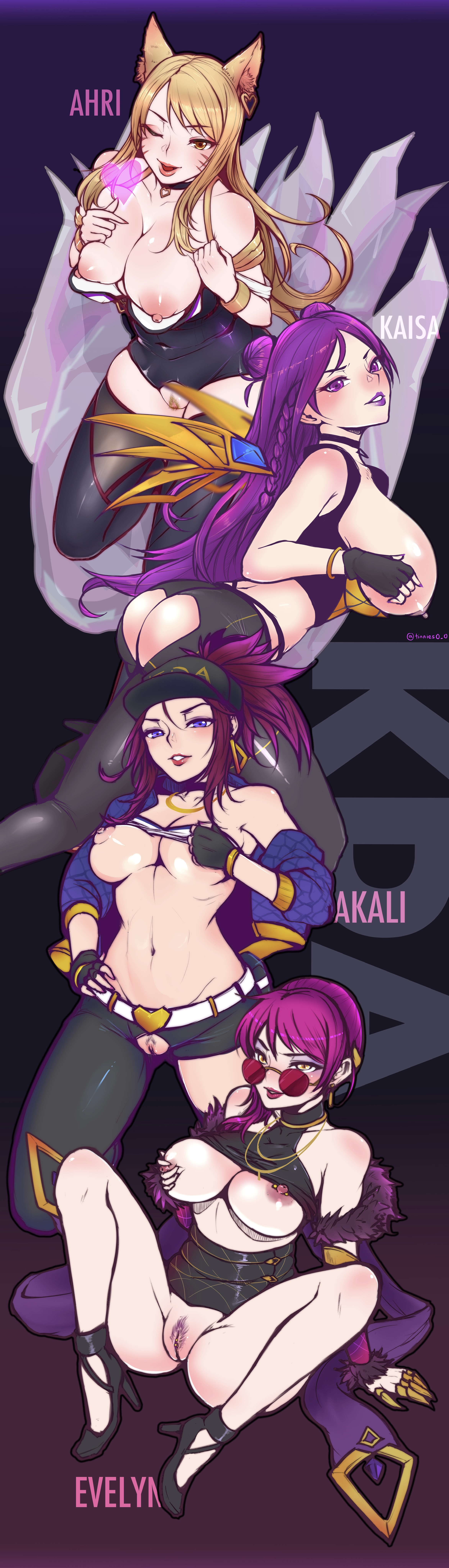 4girls, ahri, akali, belt, big breasts, blonde hair, bracelet, braid, breasts, cat ears, collar, ear piercing, earrings, evelynn, female, female only, gloves, hair bun, hat, high heels, k/da ahri, k/da akali, k/da evelynn, k/da kai'sa, k/da series, kai'sa, large breasts, league of legends, long hair, looking at viewer, looking over eyewear, looking over glasses, magenta hair, multiple females, multiple girls, on knees, one eye closed, partially clothed, piercing, pink hair, pink-tinted eyewear, ponytail, pubic hair, purple eyes, purple hair, pussy, red-tinted eyewear, riot games, short hair, spread legs, spread pussy, spreading, strapless, strapless leotard, strapless top, strapless topwear, sunglasses, thick thighs, thigh highs, thighhighs, thighs, tinnies, tinted eyewear, tubetop, white skin, yellow eyes