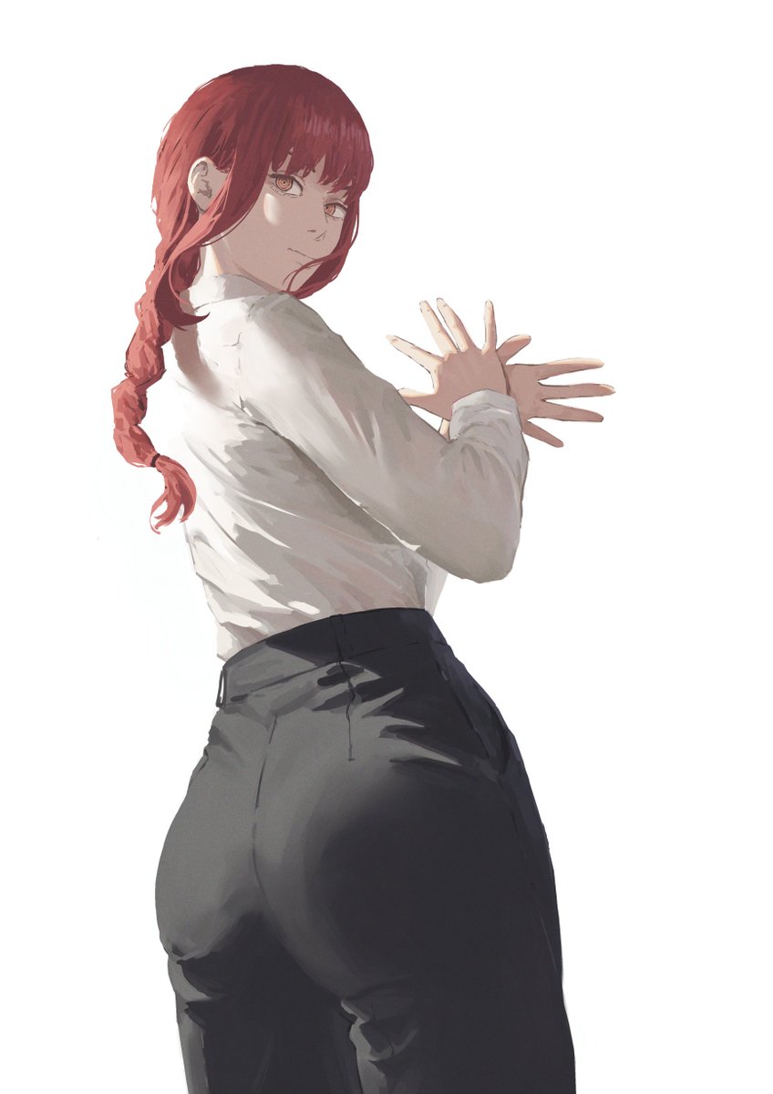 1girls, artist request, ass, ass focus, big ass, big butt, chainsaw man, clothed, female, female only, fully clothed, large ass, large butt, makima (chainsaw man), red hair, redhead, tight clothes, tight pants