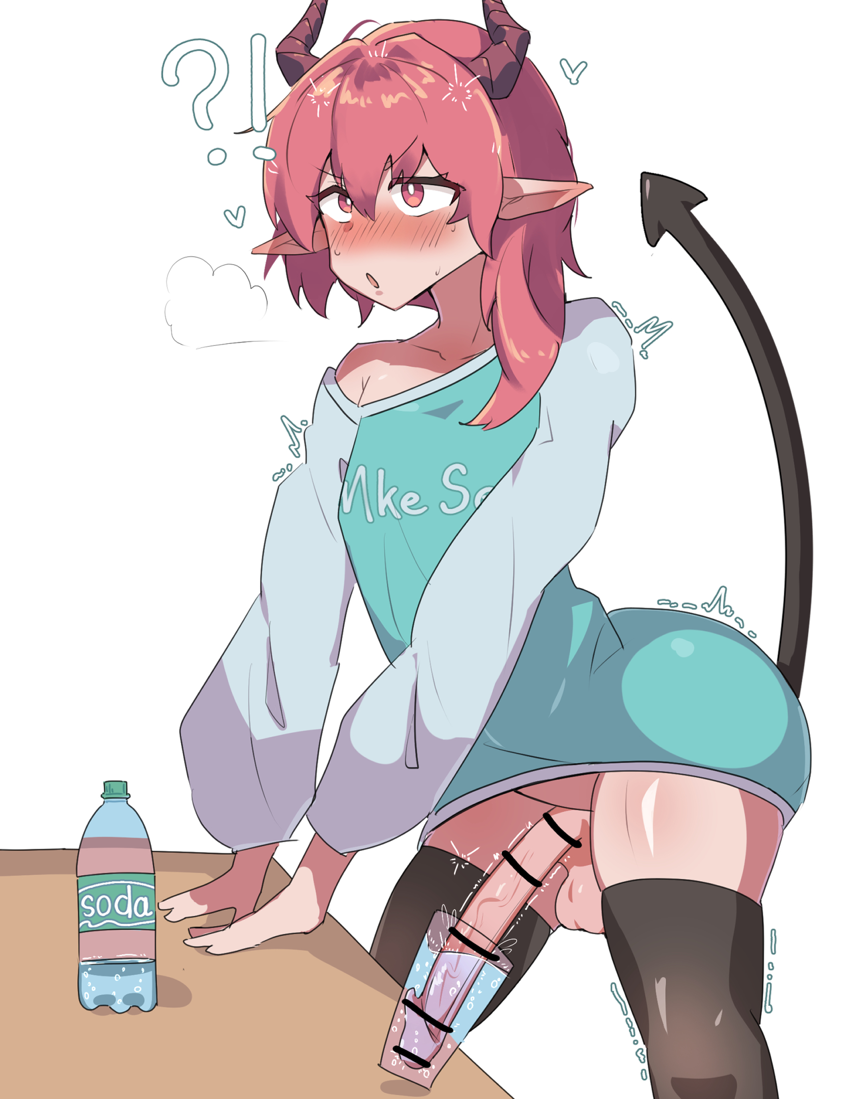 1boy, ass, bar censor, blush, bottomless, femboy, horns, incubus, nyanpu, penis, pink hair, soda, solo, tail, thighhighs