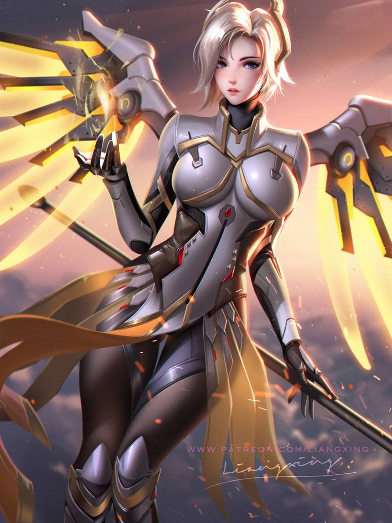 1girls, 2019, alternate version available, artist name, blonde hair, blue eyes, clothed, clothed female, deviantart, energy, female, female only, flying, fully clothed, heroine, human, human only, liang xing, light energy, looking at viewer, mechanical wings, mercy, mercy (overwatch 2 suit), overwatch, overwatch 2, patreon, patreon username, powers, resurrection, sfw, short hair, solo, solo female, text, url, watermark, wide hips, wings