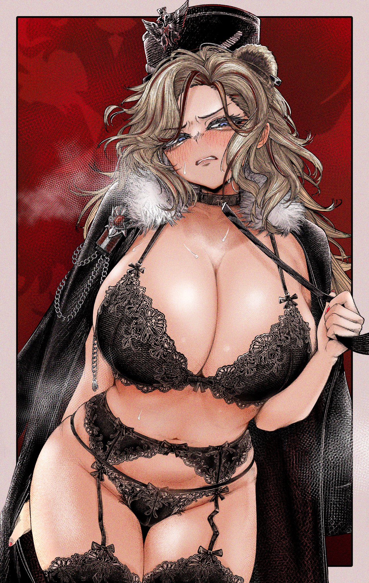 1girl, aiguillette, animal collar, animal ears, arknights, bear ears, bear girl, black bra, black garter belt, black panties, black thighhighs, blonde hair, blue eyes, blush, bra, breasts, cleavage, clenched teeth, coat, coat on shoulders, collar, commentary request, cowboy shot, full cleavage, fur trim, fur-trimmed coat, garter belt, garter straps, hat, highres, holding, holding leash, holding own leash, huge breasts, kyoeikyoei52906, lace, lace trim, lace-trimmed bra, lace-trimmed garter belt, lace-trimmed panties, lace-trimmed thighhighs, leash, lingerie, long hair, looking at viewer, multicolored hair, open clothes, open coat, panties, parted bangs, pubic hair, pubic hair peek, red background, red hair, scowl, solo, standing, streaked hair, sweat, teeth, thigh gap, thighhighs, two-tone hair, underwear