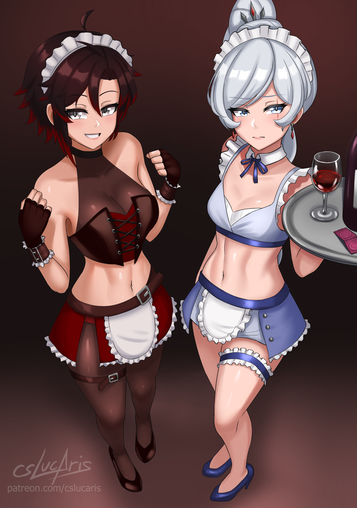 2022, 2girls, artist name, artist signature, black hair, black heels, blue eyes, blue heels, condom, condom wrapper, cslucaris, grey eyes, heels, highres, long hair, maid headdress, medium breasts, patreon username, red streaks, ruby rose, rwby, scar across eye, servant, short hair, stockings, viz media, weiss schnee, white hair, wine bottle, wine glass