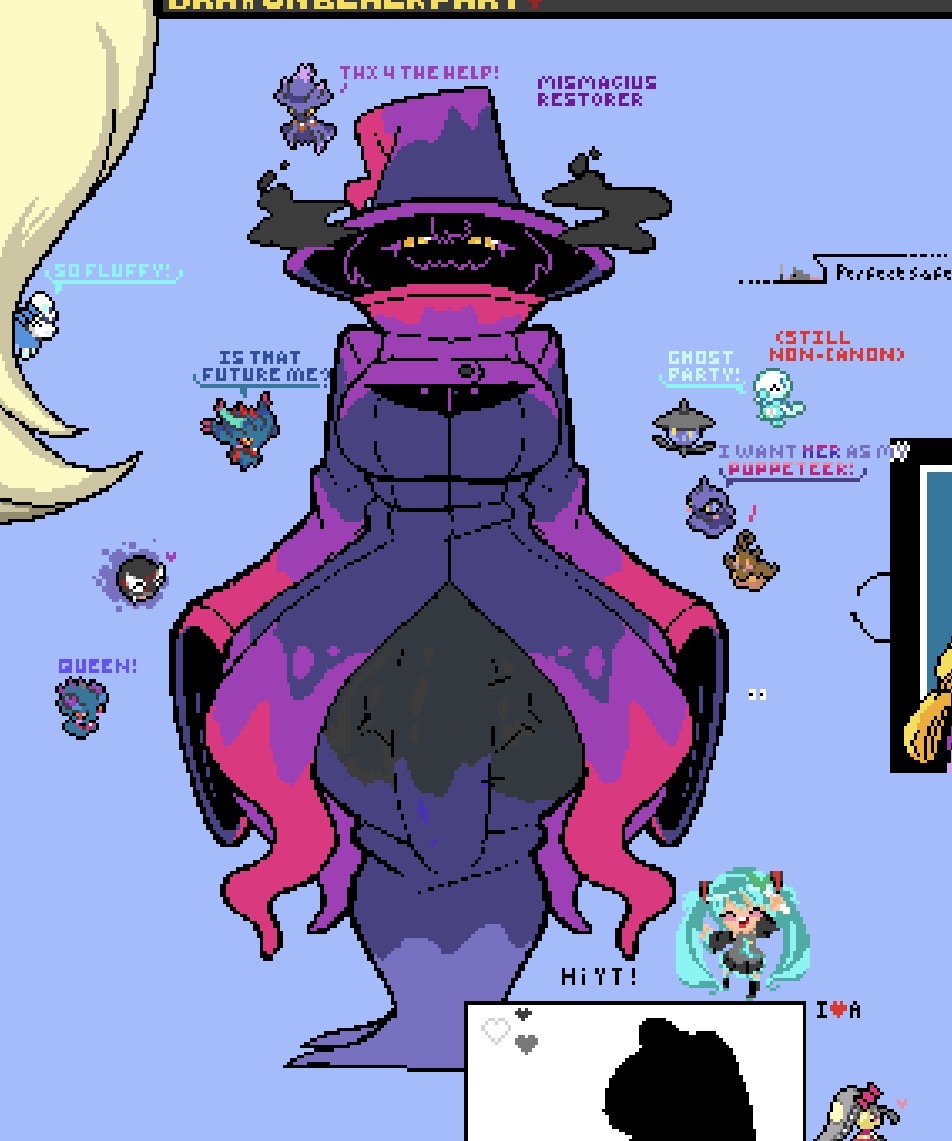 1futa, 1girls, anthro, big bulge, bulge, bulge through clothing, female, futanari, ghost, ghost girl, huge cock, hyper, hyper penis, mismagius, pixel art, pokemon, pokemon (species), welwraith, wide hips, witch, witch hat, wplace, wplace (artwork)