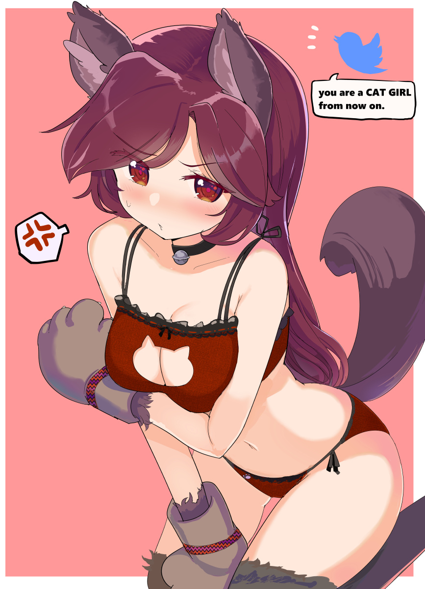 1girl, 1girls, anger vein, angry, animal ears, arm under breasts, ass, ass visible through thighs, belly, black choker, blush, blush lines, blushing, blushing at viewer, boob window, bow, bow bra, bowtie, breast window, breasts, brown hair, butt, cat cutout, cat lingerie, choker, choker bell, choker collar, cleavage, clothing cutout, collar, elon musk, embarrassed, fluffy, fluffy ears, fluffy tail, flying sweatdrops, frilled bra, frilled panties, frills, fur, gloves, hips, kagerou imaizumi, lingerie, long hair, looking at viewer, medium breasts, meme, nervous, paw gloves, pink background, puuakachan, red bra, red eyes, red lingerie, red panties, ribbon, side-tie panties, simple background, sitting, solo, solo female, solo focus, speech bubble, spoken anger vein, sweat, sweatdrop, sweating, thick thighs, thighs, touhou, twitter bird, werewolf, werewolf girl, white border, wide hips, wide thighs, wolf, wolf ears, wolf girl, wolf tail