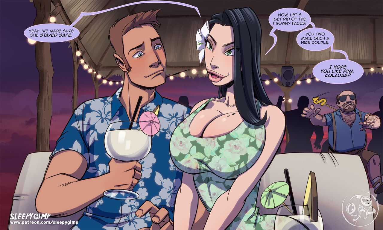 1boy 1girls ? alcohol artist_name big_breasts big_lips black_hair cleavage curvy dancing detailed_background dialogue dress drink drinking duo english_text evelina_le_fey female floral_print flower green_dress green_eyes hair_bun hair_flower hawaiian_shirt human long_hair male mole_on_breast original original_character pina_colada sleepygimp speech_bubble text thick_lips url watermark wine_glass