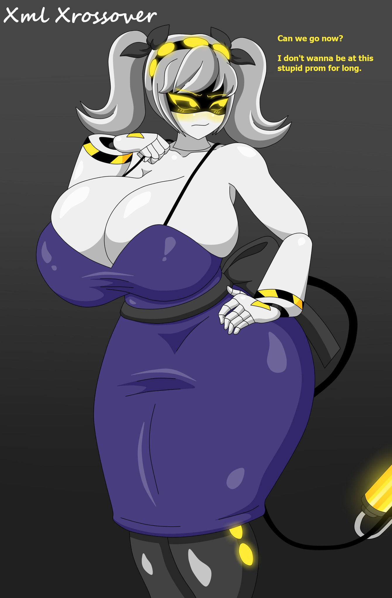 breasts bigger than head, child bearing hips, cleavage, disassembly drone, dress, english text, female, female only, glitch productions, grey hair, huge ass, huge breasts, j (murder drones), larger female, murder drones, pigtails, prom dress, robot, robot girl, robot humanoid, tail, text, thick thighs, tight clothing, white body, wide hips, xml xrossover (artist), yellow eyes