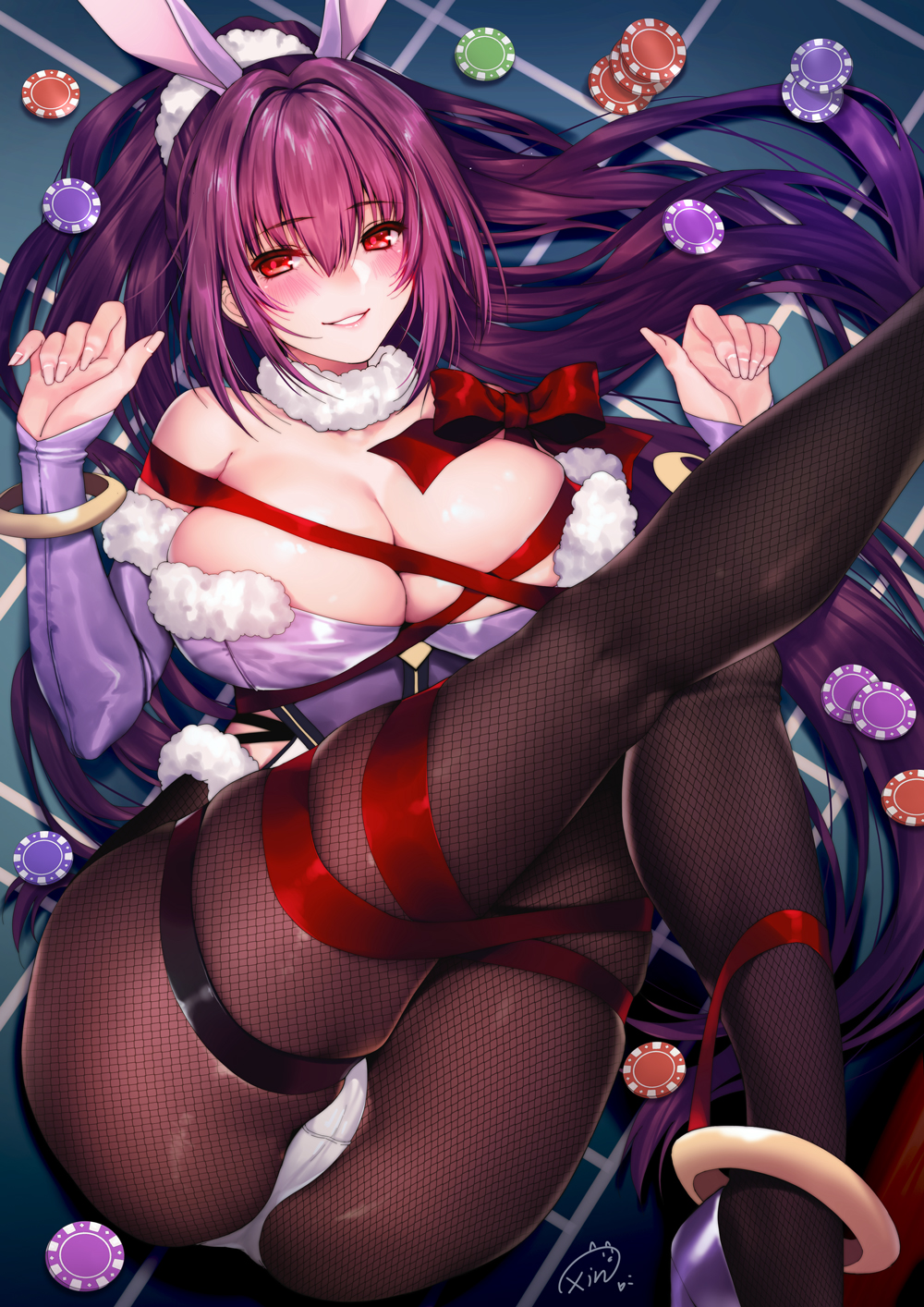ass, breasts, bunny ears, bunnysuit, fate (series), fate/grand order, female, fishnet legwear, fringe, legs up, pantyhose, purple hair, red ribbon, scathach (fate), scathach skadi, smile