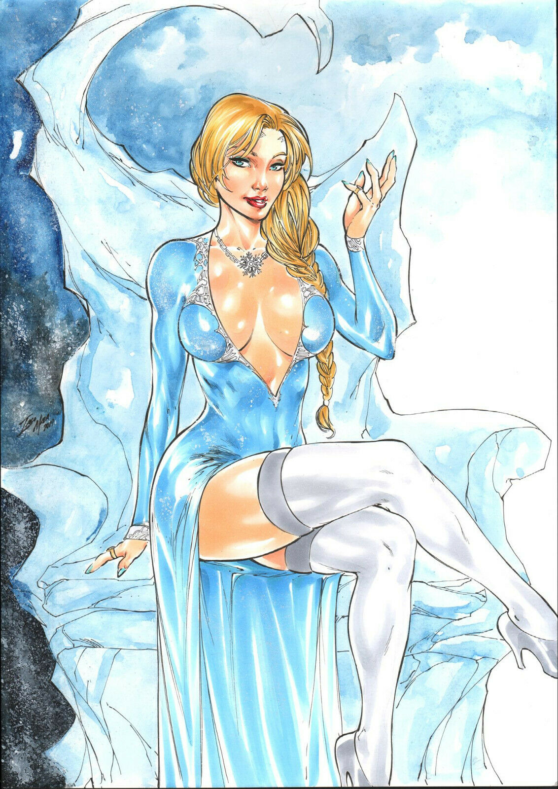 1girls 2019 big_breasts blonde_eyebrows blonde_hair blue_dress blue_eyes blue_nail_polish blue_nails braid breasts busty chair cleavage clothing crossed_legs dated disney dress ed_benes_studio elsa_(frozen) female female_only frozen_(film) grey_footwear grey_stockings grey_thighhighs heels iago_maia ice large_breasts legs_crossed lipstick long_hair looking_at_viewer necklace no_bra no_bra_under_clothes pinup red_lips red_lipstick ring royalty signature sitting soft_color solo stockings thighhighs thighs throne