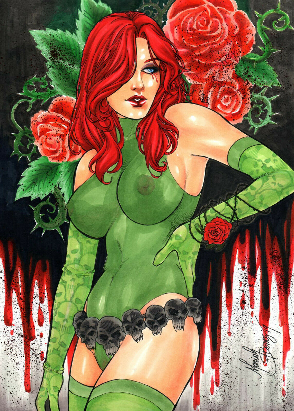 1girls 2019 barbed_wire belt blue_eyes cry_for_dawn dated dawn_(comics) ed_benes_studio erect_nipples eyeshadow female female_only flower gloves green_gloves green_leotard green_socks green_thighhighs leotard lipstick long_hair makeup mariah_benes mascara mascara_tears nipples nipples_visible_through_clothing pinup red_hair red_lips red_lipstick rose see-through signature sirius_entertainment skull skull_belt skull_print skulls socks solo thigh_socks thighhighs thighs