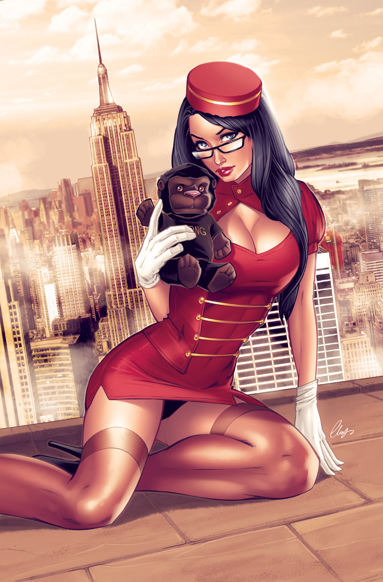 1girls alternate_costume big_breasts black_hair black_heels black_thong blue_eyes breasts brown_stockings busty cityscape cleavage cleavage_cutout clouds comic_cover doorman dress elias_chatzoudis empire_state_building female female_only glasses gloves grimm_fairy_tales_zenescope hat heels large_breasts lipstick looking_at_viewer new_york official_art pinup raised_eyebrows red_dress red_hat red_lips red_lipstick roof rooftop sela_mathers sitting skyscraper solo stockings teddy_bear thighs thong tight_clothing white_gloves zenescope