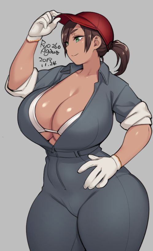 1girls, 2019, breasts, brown hair, cleavage, female, female only, gloves, green eyes, hat, huge breasts, ryo agawa, solo, thick thighs, tight clothing, white gloves, wide hips