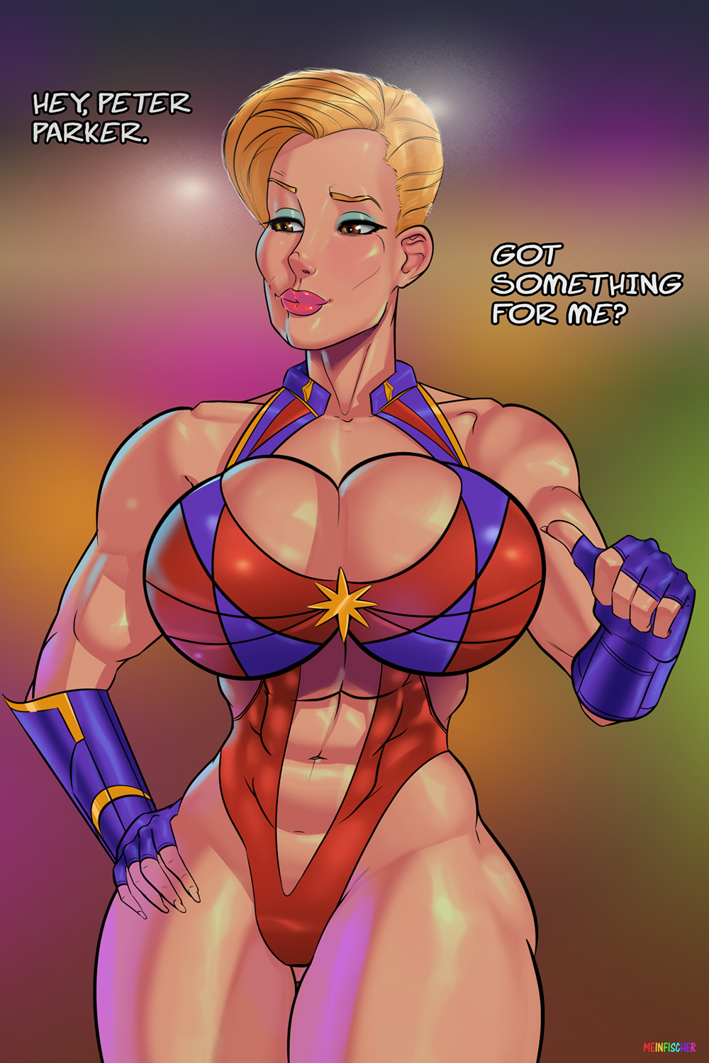 abs, biceps, bimbo, blonde hair, bodysuit, breasts, brown eyes, busty, captain marvel, carol danvers, cleavage, eyelashes, eyeshadow, female, female focus, female only, fingerless gloves, hourglass figure, huge breasts, inviting, inviting to sex, lipstick, marvel, marvel comics, meinfischer, muscles, muscular, muscular female, muscular thighs, name drop, naughty face, navel, pose, posing, seductive, seductive smile, short hair, smile, solo, speed lines, standing, suggestive, text, thick thighs, wide hips