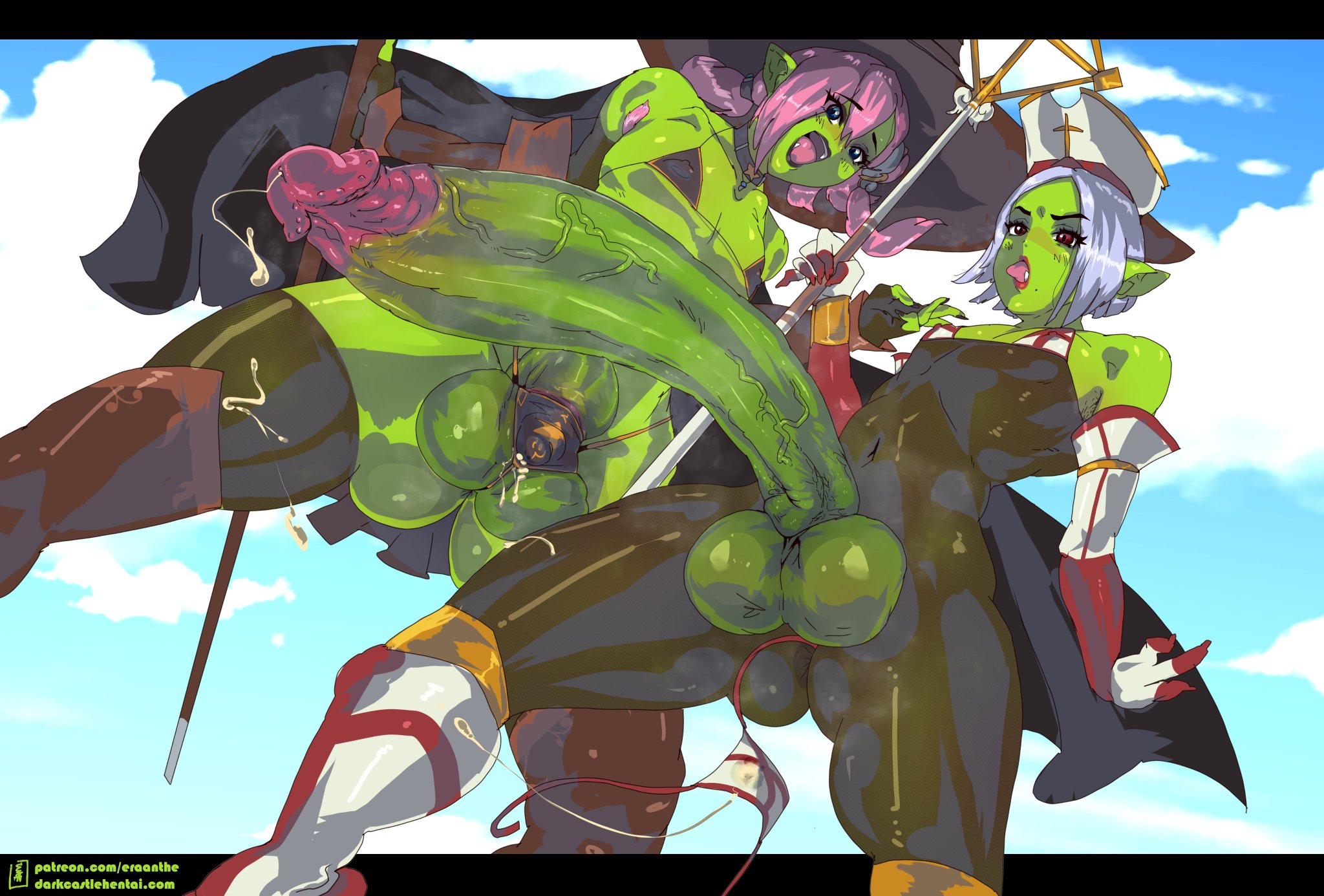 2boys, balls, blue hair, crossdressing, eraanthe, femboy, girly, green skin, healer, huge cock, hung trap, hyper penis, large balls, lipstick, long penis, mage, male, male only, nurse cap, orc, orc femboy, orc male, penis, penis in panties, pink hair, pointy ears, precum, small but hung, thick penis, thick thighs, thighhighs, trap, tusks, wide hips, witch, witch hat