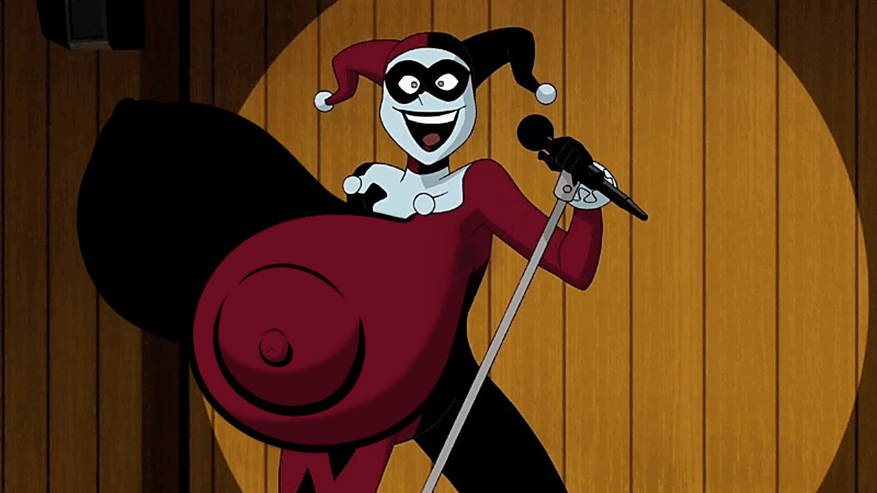 alternate_breast_size areola areola_bulge big_areola big_breasts big_nipples breasts dc edit harley_quinn harley_quinn_(classic) huge_breasts hyper hyper_breasts illis lowres nipple_bulge nipples screencap screenshot_edit third-party_edit