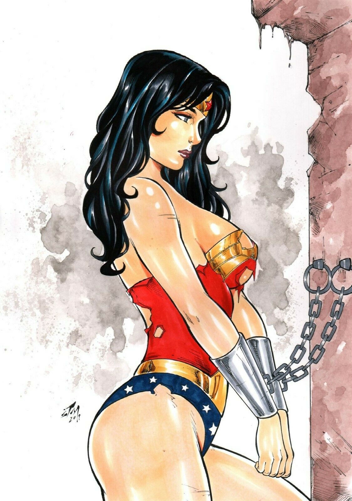 1girls, 2019, amazon, black hair, blue eyes, bondage, bound, bound wrists, breastplate, breasts, chained, chains, cleavage, curvy, dated, dc, dc comics, diana prince, ed benes studio, eyeshadow, female, female only, femsub, junior maia, justice league, large breasts, leotard, long hair, makeup, mascara, peril, pinup, purple lips, purple lipstick, ripped clothing, side view, sideboob, signature, solo, superhero costume, superheroine, thighs, tiara, torn clothes, torn clothing, wonder woman, wonder woman (series), wrists bound