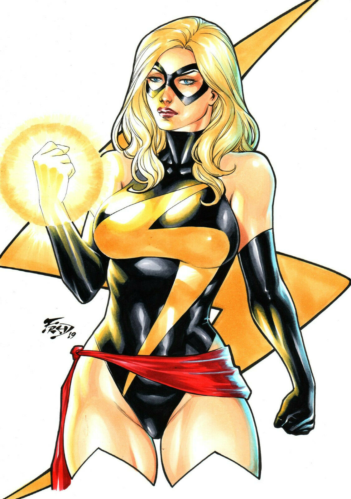 1girls, aura, avengers, big breasts, black gloves, black leotard, blonde hair, blue eyes, breasts, busty, carol danvers, clenched hand, clothed, cowboy shot, domino mask, ed benes studio, female, female only, fist, fred benes, frown, gloves, large breasts, leotard, long hair, marvel, marvel comics, mask, ms. marvel, ms. marvel (carol danvers), pinup, red lips, red lipstick, red sash, sash, solo, superheroine, thighs