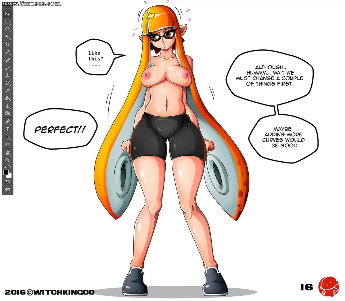 1girls, angry, anthro, big breasts, breasts, cephalopod, cephalopod humanoid, comic, dialogue, embarrassed, english text, female, forced, front view, humanoid, inkling, inkling girl, kaori (splatoon), long hair, mask (marking), nintendo, no bra, orange hair, page 16, photoshop, pointy ears, shirtless, shorts, splatoon, squid, standing, talking to viewer, tentacle, tentacle hair, topless, witchking00