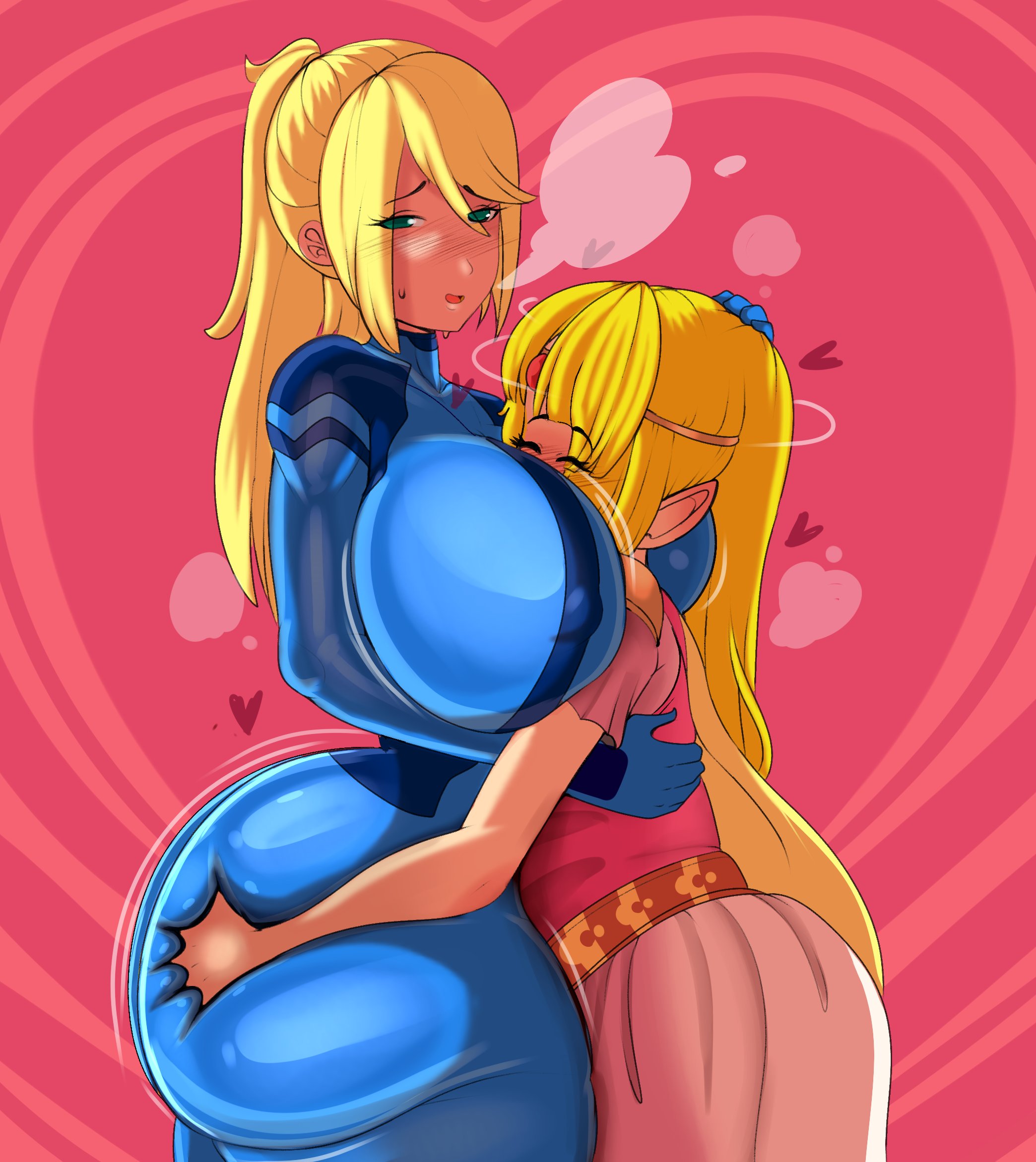 2girls, alternate breast size, ass, ass dough, ass grab, ass grab from front, big breasts, blonde hair, bodysuit, breasts, breasts bigger than head, bubble ass, bubble butt, crossover, deep skin, female, female only, fladdykin, gloves, head between breasts, hug, huge ass, huge breasts, large breasts, lesbian, long hair, metroid, nintendo, princess zelda, samus aran, size difference, the legend of zelda, yuri, zelda (a link between worlds), zero suit, zero suit samus