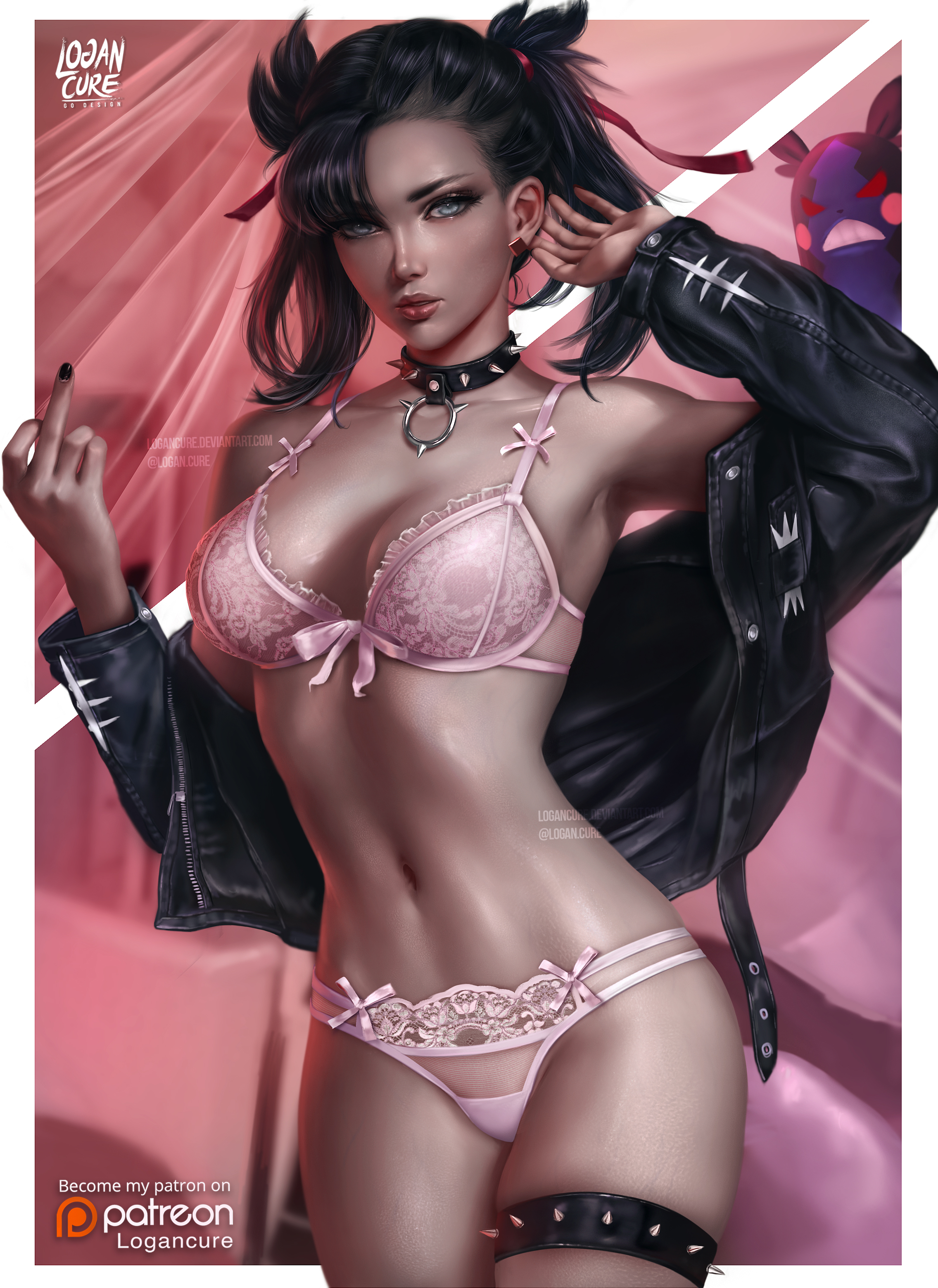 1girls, abs, aged up, ambiguous gender, annoying watermark, arm up, armpits, ass, belly, black hair, black nails, blue eyes, bra, choker, clothed, clothes, deviantart, eye contact, female, female only, fit, furry, half-closed eyes, human, jacket, larger female, logan cure, looking at viewer, marnie (pokemon), middle finger, morpeko, nail polish, navel, nintendo, panties, patreon, pink background, pokemon, pokemon ss, pose, realistic, rodent, size difference, solo, text, thin waist, url, watermark, white border, wide hips
