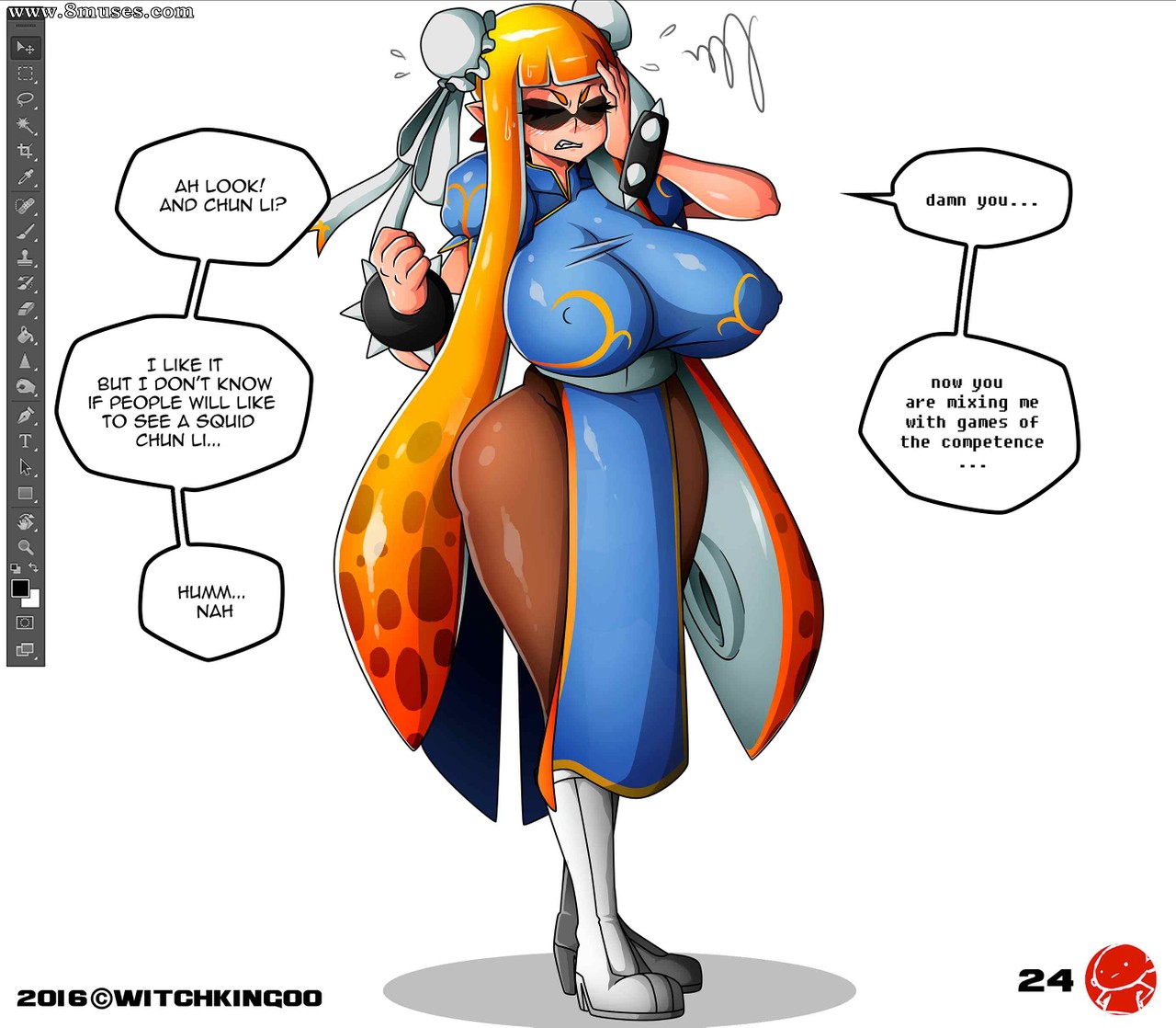 1girls, angry, anthro, areola bulge, breasts, breasts bigger than head, capcom, cephalopod, cephalopod humanoid, chun-li (cosplay), clothed, comic, cosplay, dialogue, english text, female, fully clothed, humanoid, inkling, inkling girl, kaori (splatoon), long hair, mask (marking), nintendo, orange hair, page 24, photoshop, pointy ears, splatoon, squid, street fighter, talking to viewer, tentacle, tentacle hair, tight clothing, witchking00