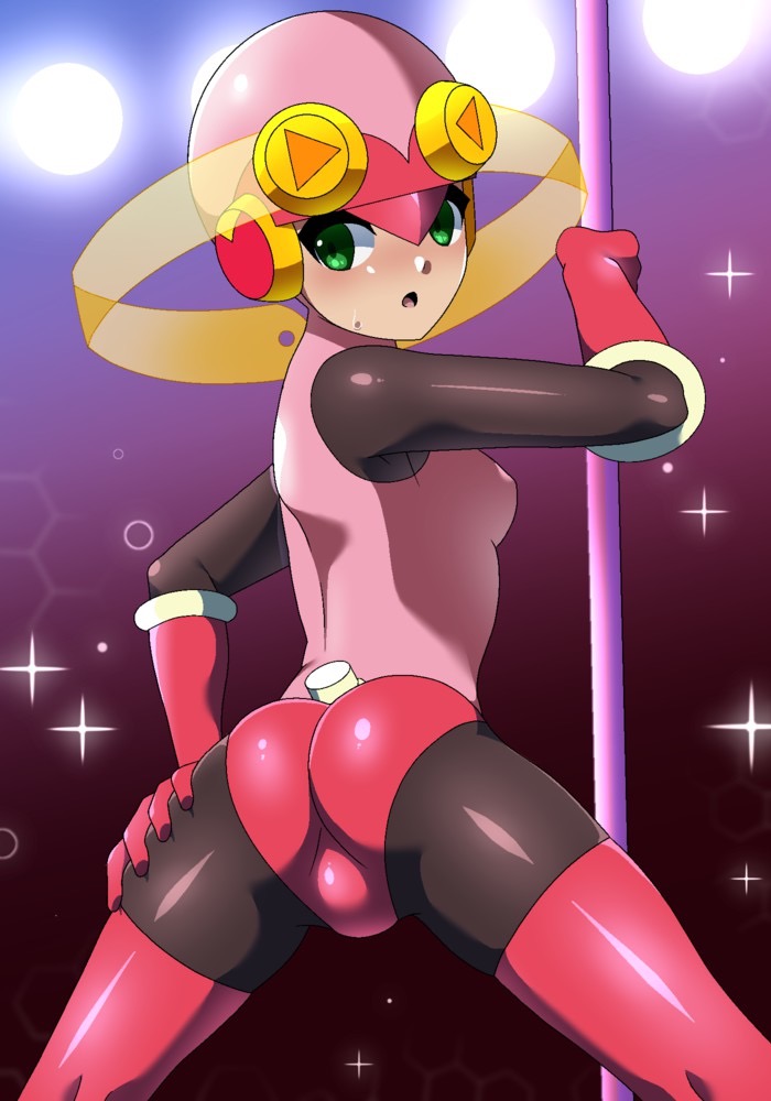 butt gloves green_eyes helmet lights mega_man mega_man_battle_network pink_clothing pole_dancing roll.exe shocked sweatdrop tagme xenoxeno