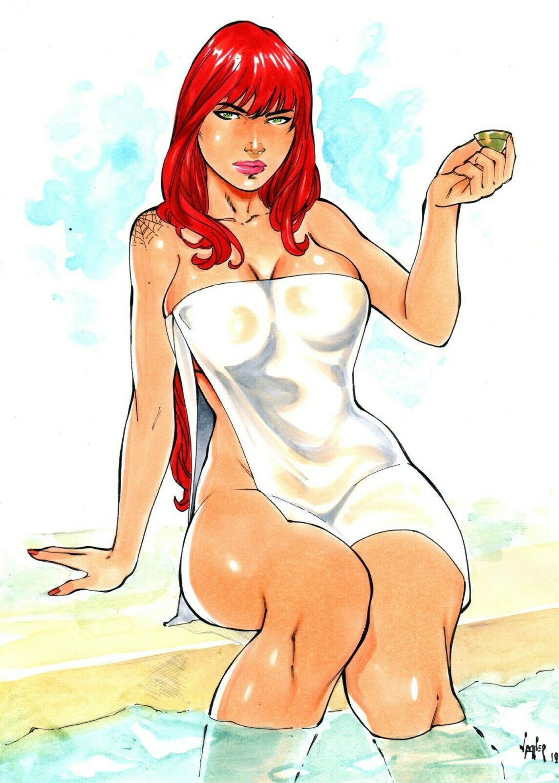 2019, big breasts, breasts, breasts apart, busty, cleavage, completely nude, cup, dated, ed benes studio, eye contact, female, green eyes, holding cup, large breasts, long hair, looking at viewer, marvel, marvel comics, mary jane watson, nail polish, nude, nude female, partially submerged, pink lips, pink lipstick, pool, red hair, red nail polish, red nails, shoulder tattoo, signature, sitting, spider tattoo, spider-man (series), tattoo, thighs, towel, vagner fernandes, water, white towel