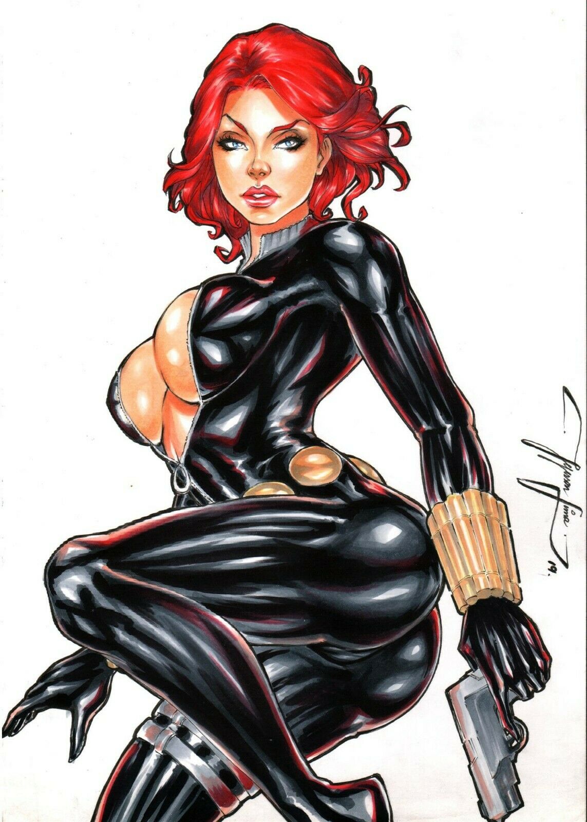 1girls 2019 ass avengers big_breasts black_bodysuit black_widow_(marvel) blue_eyes bodysuit breasts busty dated ed_benes_studio female female_only gun holding_gun holding_weapon jeferson_lima large_breasts lipstick marvel marvel_comics natasha_romanoff pinup pistol red_hair red_lips red_lipstick short_hair signature solo unzipped_bodysuit weapon zipper_pull_tab