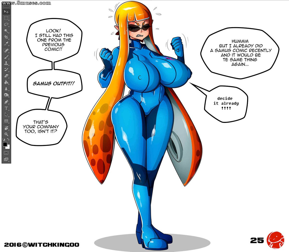 1girls, angry, anthro, areola bulge, ass, backboob, big ass, big breasts, breasts, cephalopod, cephalopod humanoid, comic, cosplay, crossover, english text, female, huge breasts, humanoid, inkling, inkling girl, kaori (splatoon), mask (marking), metroid, nintendo, nipple bulge, nipples, orange hair, page 25, photoshop, pointy ears, splatoon, squid, tentacle, tentacle hair, thick thighs, wide hips, witchking00, zero suit
