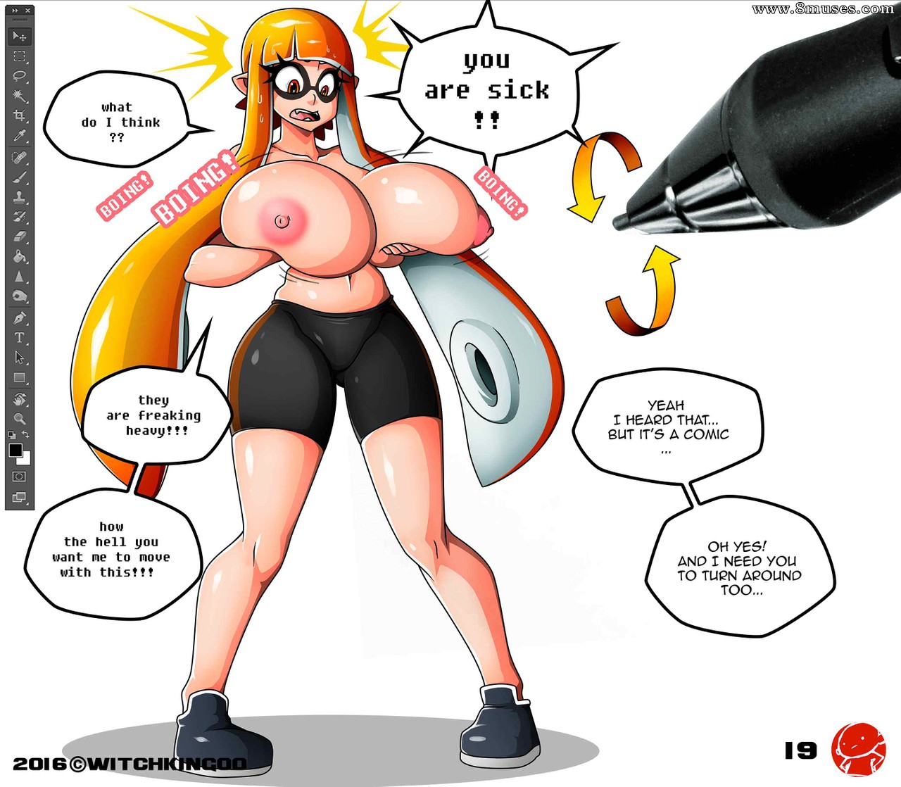1girls, anthro, big breasts, bouncing breasts, breast expansion, breast growth, breast growth (enlargement), breast lift, breasts, breasts bigger than head, cephalopod, cephalopod humanoid, comic, dialogue, embarrassed, english text, expansion, female, holding, huge breasts, humanoid, inkling, inkling girl, kaori (splatoon), long hair, mask (marking), nintendo, nipples, no bra, orange hair, page 19, photoshop, pointy ears, shirtless, shorts, splatoon, squid, standing, surprised, talking to viewer, tentacle, tentacle hair, witchking00
