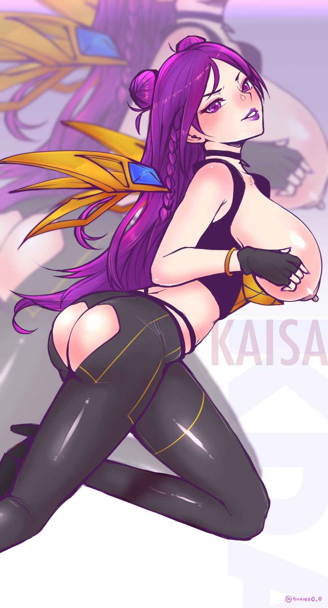 1girls, alternate costume, areolae, ass, big breasts, breasts, female, female only, k/da kai'sa, k/da series, kai'sa, large breasts, league of legends, looking at viewer, looking back, nipples, solo, tinnies