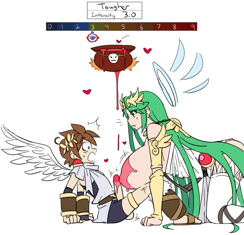 1boy, 1girls, angel, big breasts, breasts, cauldron, clothed, female, goddess, green hair, huge breasts, kid icarus, kid icarus uprising, male, nintendo, palutena, penis, pit, pit (kid icarus), size difference, smaller male, straight, tagme, thighhigh, white background, wings