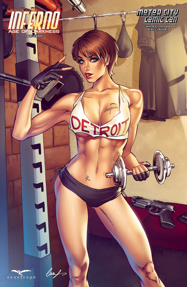 1girls auburn_hair big_breasts big_breasts black_gloves black_panties blue_eyes breasts brick_wall busty comic_cover detroit dumbbell elias_chatzoudis eyeshadow female female_only fingerless_gloves gloves grimm_fairy_tales_zenescope gun inferno_(zenescope) jacket large_breasts lipstick makeup mascara mercy_dante nail_polish official_art panties pinup red_hair red_lips red_lipstick red_nail_polish red_nails shirt short_shirt solo standing text thighs white_shirt zenescope