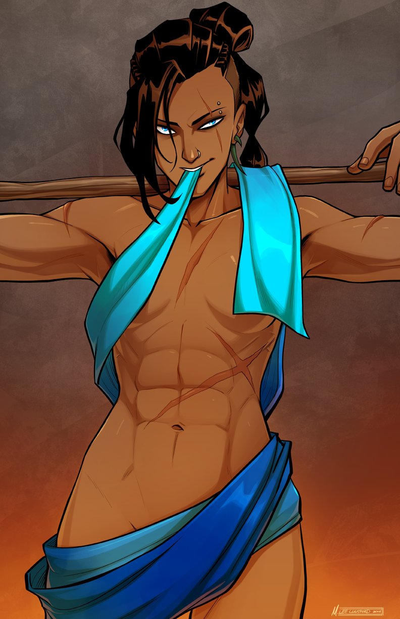 1girls, abs, beauregard lionett, blue eyes, breasts, covered nipples, covering, covering breasts, covering crotch, critical role, critical role: the mighty nein, dark skin, dark-skinned female, dungeons and dragons, fantasy, female, female only, female torso, hair up, human, legs, monk, muscular, muscular female, naked, nose ring, piercings, pony tail, ponytail, pose, posing, scar across eye, scars, smirking, solo, solo female, staff, zet13