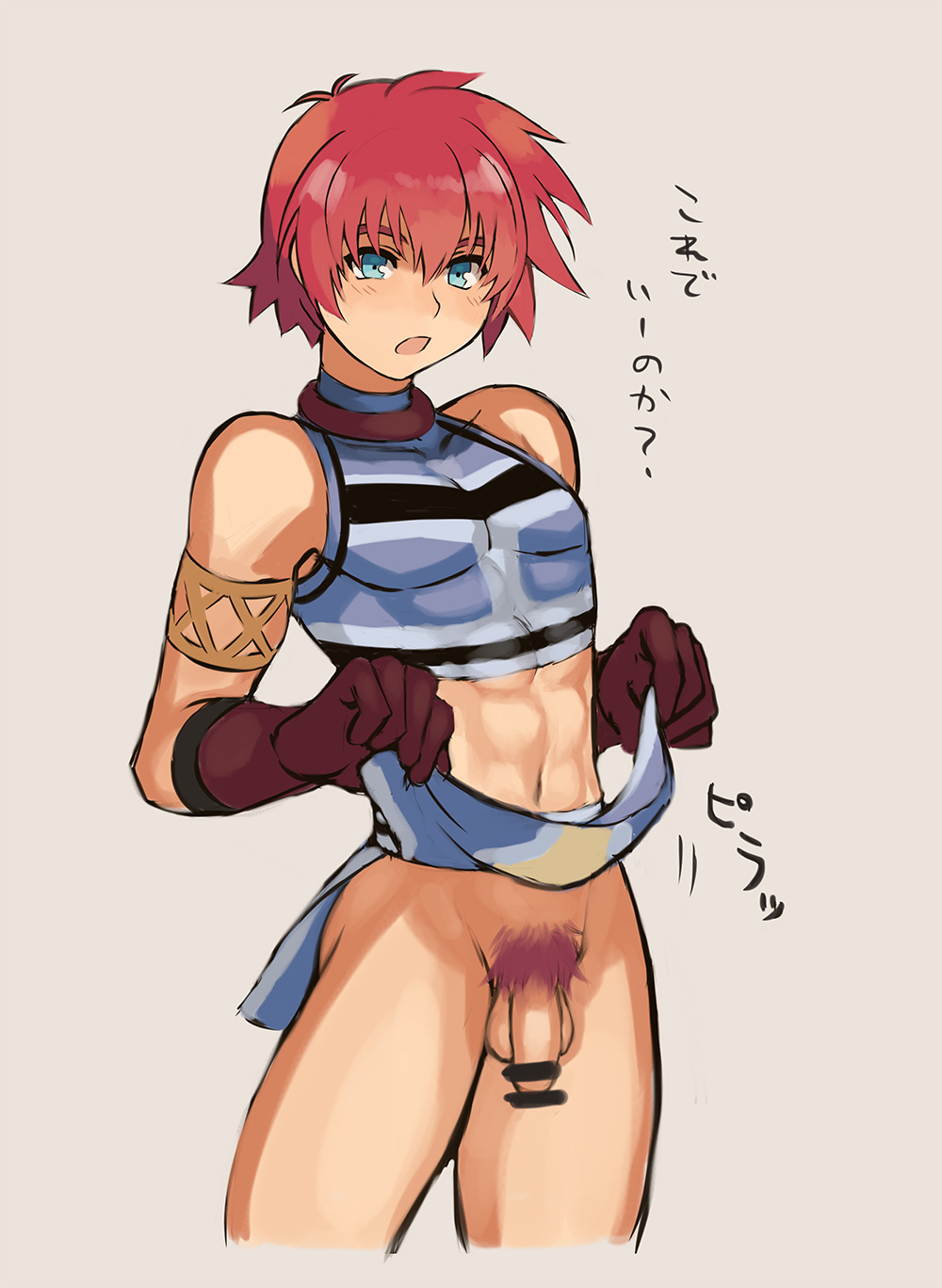 1boy akimachi blue_eyes brown_gloves crop_top cropped_legs flaccid gloves highres lifted_by_self loincloth_lift male_focus male_pubic_hair midriff navel open_mouth penis pubic_hair red_hair reid_hershel simple_background solo tales_of_(series) tales_of_eternia tan_background toned toned_male