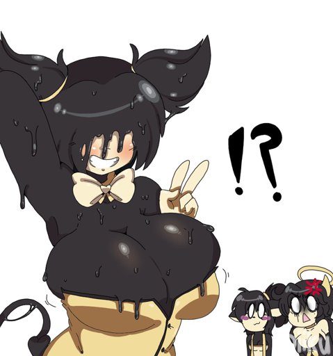 !? 3girls alice_angel bendy bendy_and_the_ink_machine bendy_fem blush boris_the_wolf breasts cleavage female female_only goo huge_breasts latex multiple_girls ponytail rubber rule_63 shocked smile v_sign