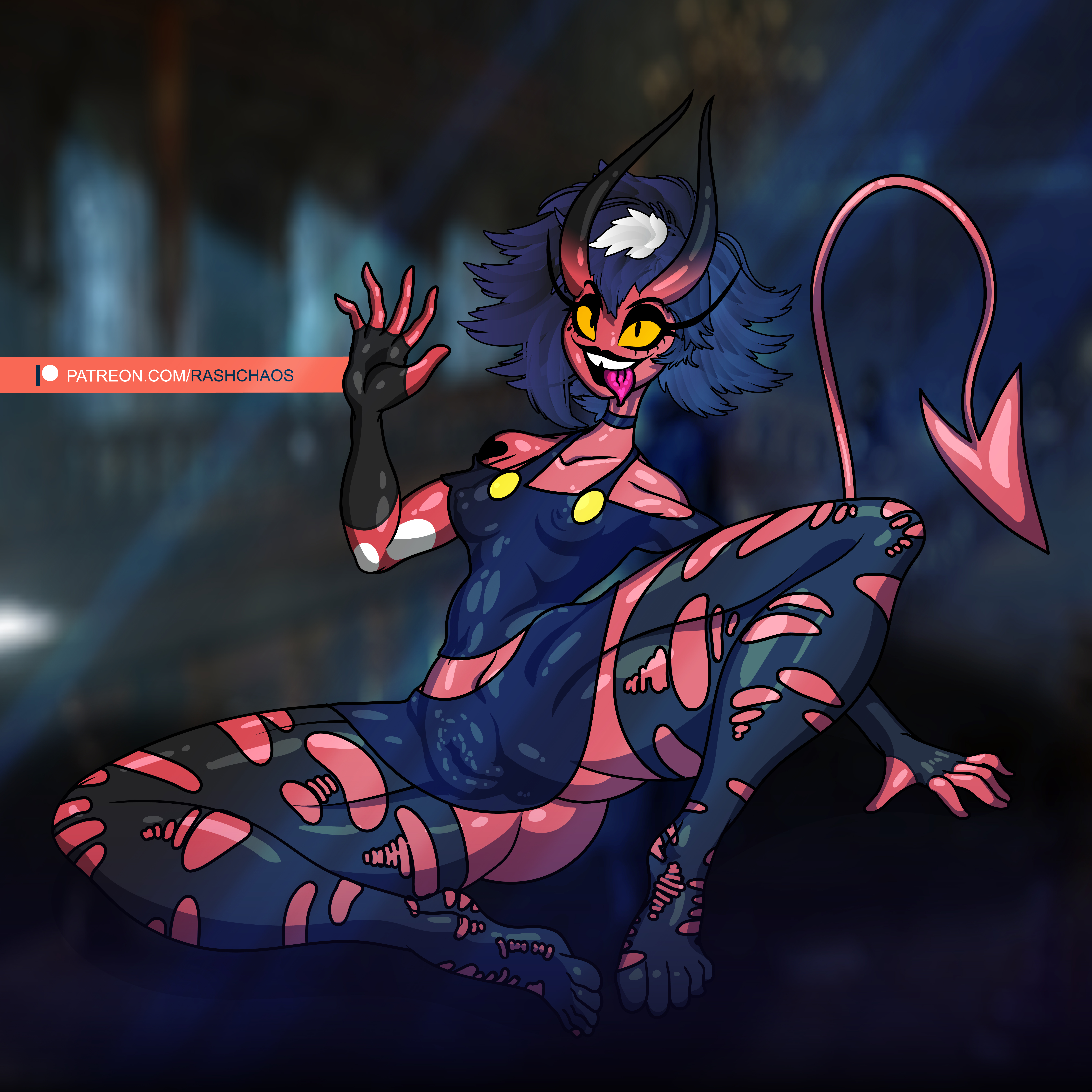 1girls, choker, dark hair, demon, demon girl, dress, female, gloves, helluva boss, hi res, millie (helluva boss), rashchaos, red skin, ripped clothing, ripped stockings, spindlehorse toons, stockings, tail, tattoo, thick thighs, tongue, tongue out, vivienne medrano, vivziepop, yellow eyes