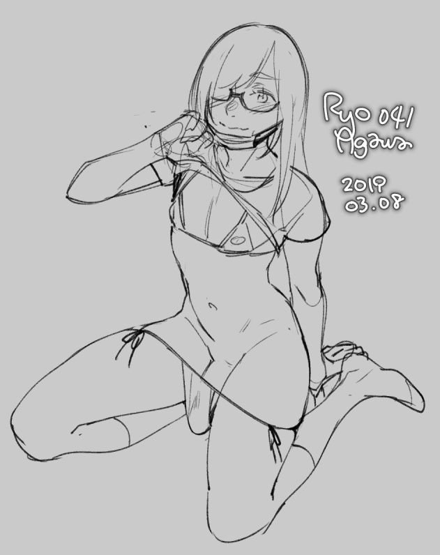 1boy, 2019, androgynous, bikini, crossdressing, erection under clothes, femboy, girly, glasses, kneeling, long hair, male, male only, monochrome, otokonoko, panties, penis, penis in panties, ryo agawa, shirt lift, sketch, solo, trap