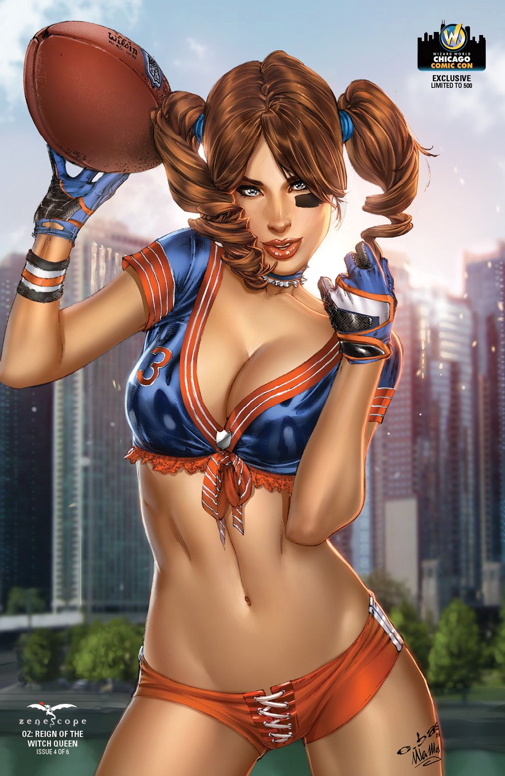 1girls alternate_version_available big_breasts blue_gloves blue_shirt breasts brown_hair busty chicago city cityscape cleavage comic_cover dorothy_gale dorothy_gale_(zenescope) eric_basaldua female female_only football_(american) gloves grimm_fairy_tales_zenescope holding_ball large_breasts lipstick official_art orange_panties panties pinup shirt short_shirt short_shorts skyline solo sports_bikini sports_uniform standing text the_wizard_of_oz twintails ula_mos war_paint warpaint wrist_cuffs zenescope