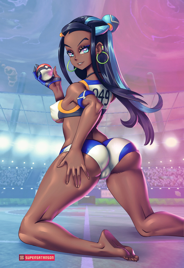 1girls, ass, big ass, breasts, cameltoe, cleavage, dark skin, dark-skinned female, erect nipples, female, female only, kneeling, looking at viewer, looking back, nessa (pokemon), nipples, pokemon, pokemon ss, pussy, solo, supersatanson