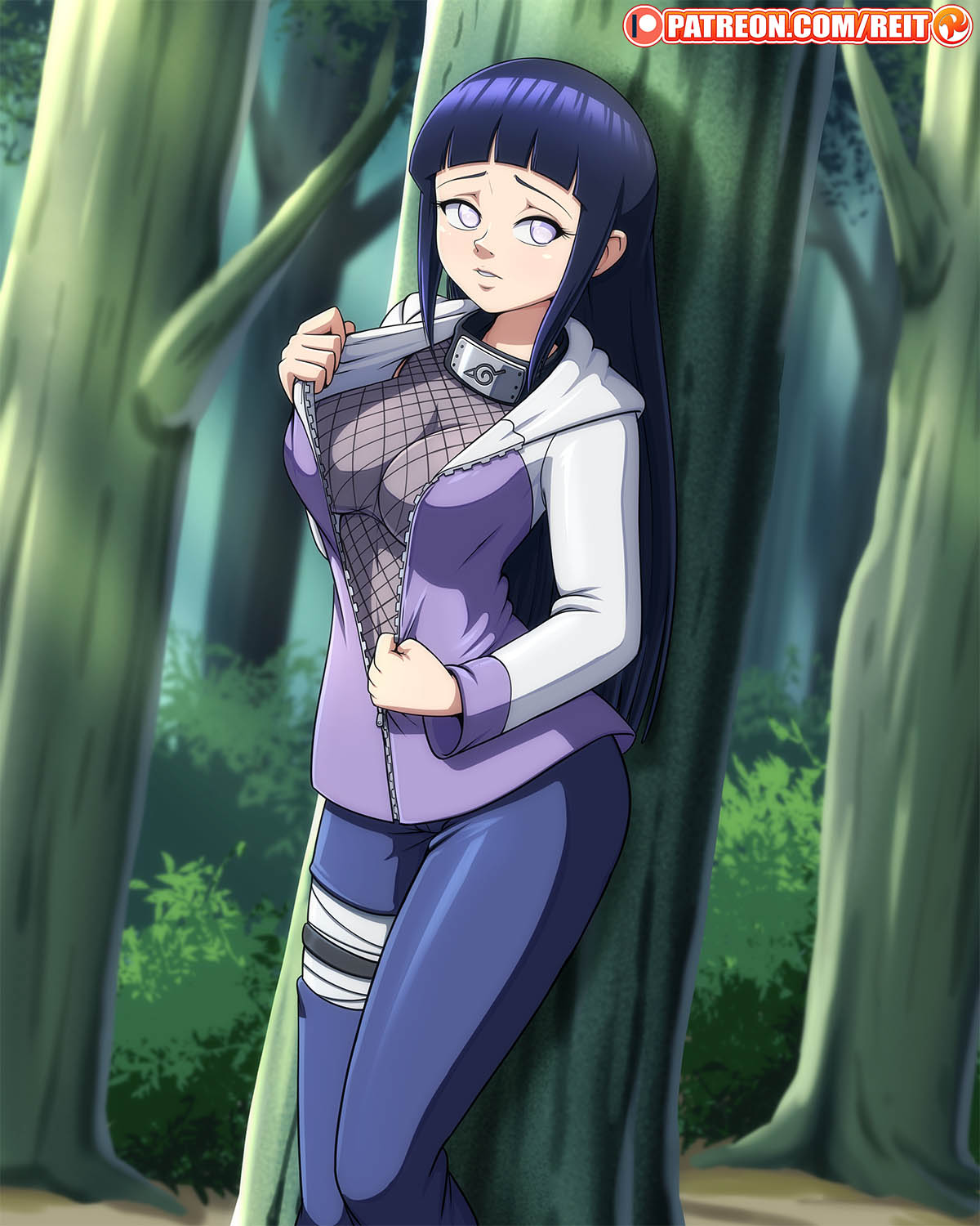 1girls, big breasts, blue hair, breasts, cleavage, clothed, female, fishnet shirt, forest, hyuuga hinata, long hair, naruto, naruto (series), naruto shippuden, purple eyes, reit, solo, striptease, undressing, unzipped jacket