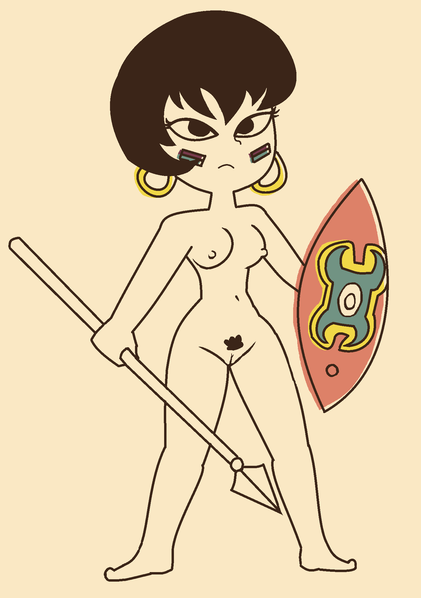 breasts casual cosplay earrings female human jucika nipples nude pale_skin pussy retro_artstyle retro_artstyle_(western) shield solo spear tribal warrior weapon