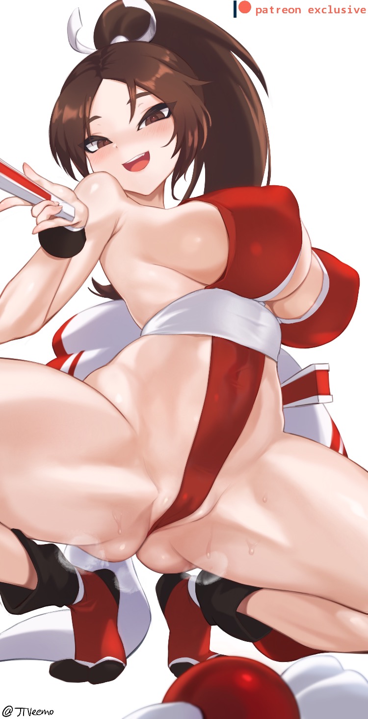 1girls, big breasts, breasts, cleavage, fatal fury, female, female only, jtveemo, king of fighters, large breasts, looking at viewer, mai shiranui, panties, solo, spread legs, squatting