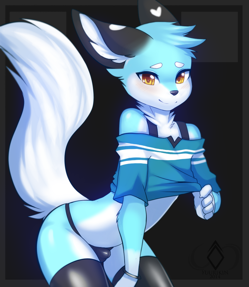 1boy, big ears, blue fur, bra, bulge, femboy, fur, furry, male, male only, panties, shirt, shirt lift, shirt pull, solo, striped shirt, trap, tuft, white fur