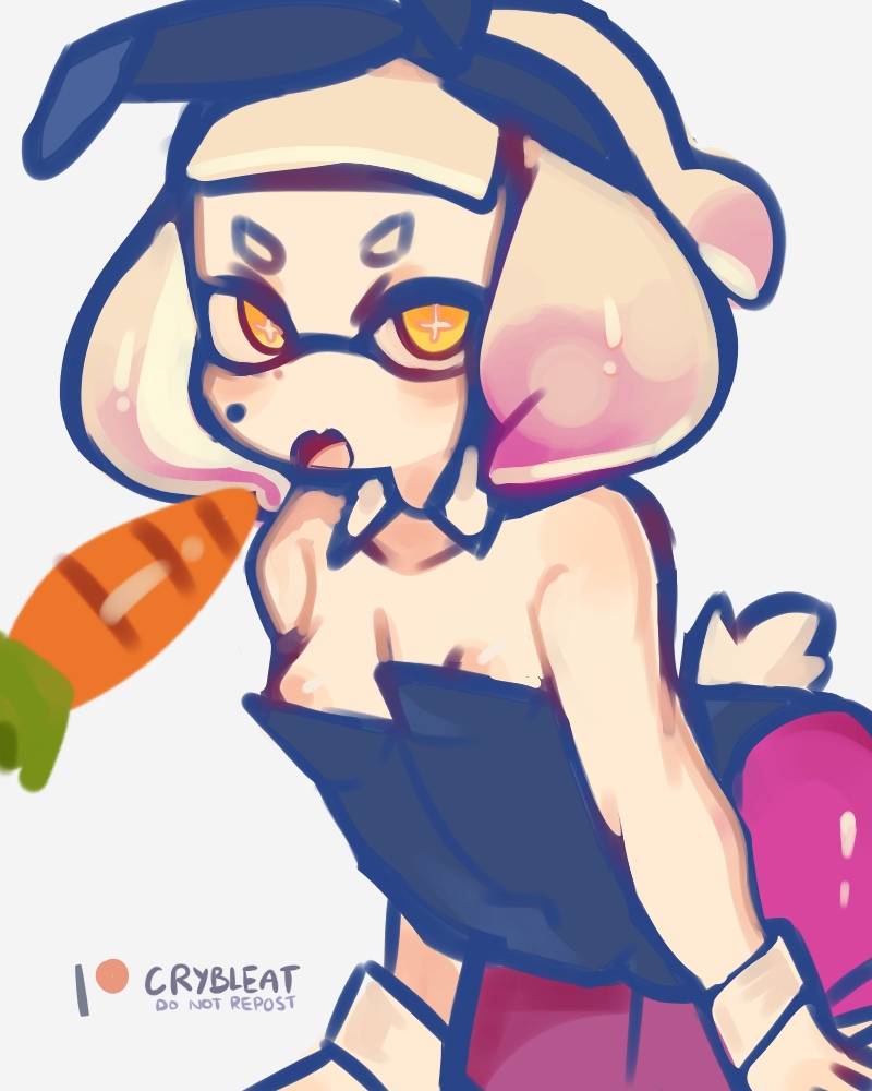 artist_name bow bunny_tail carrot crybleat cute_fang female gloves inkling leotard mole_under_eye nintendo off_the_hook_(splatoon) open_mouth patreon pearl_(splatoon) ribbon solo splatoon splatoon_2 wardrobe_malfunction white_hair