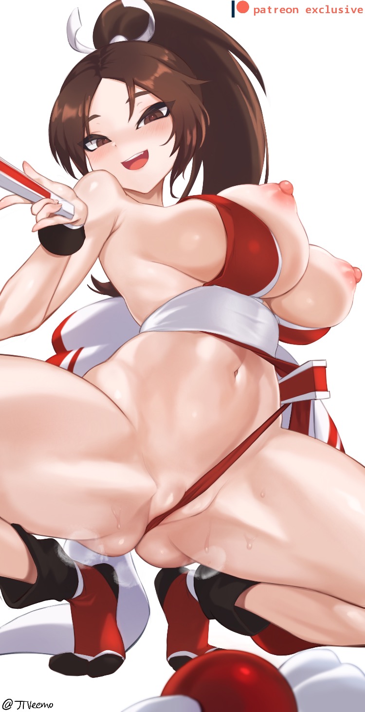 1girls, between labia, big breasts, breasts, cleavage, fatal fury, female, female only, innie pussy, jtveemo, king of fighters, large breasts, legs open, looking at viewer, mai shiranui, navel, nipples, open mouth, panties, pussy, solo, spread legs, squatting, topless