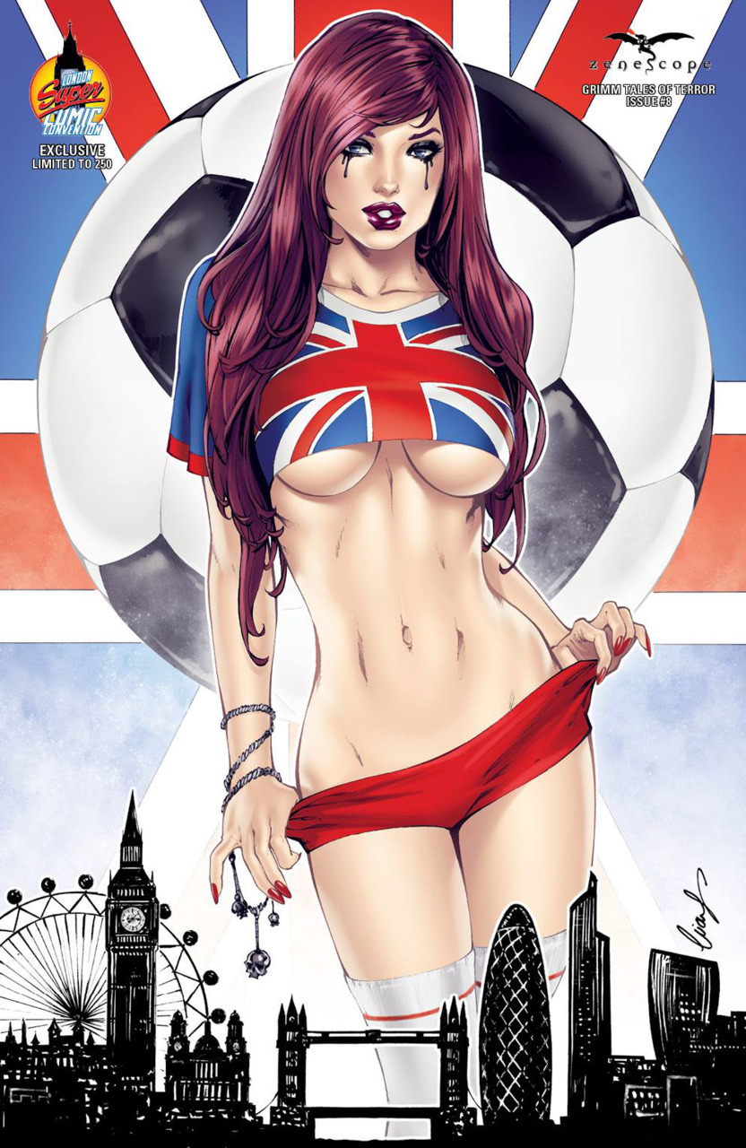 1girls big_ben big_breasts blue_eyes breasts busty comic_cover elias_chatzoudis eyeshadow female female_only ferris_wheel grimm_fairy_tales_zenescope keres_(zenescope) large_breasts lipstick london makeup mascara nail_polish official_art panties panty_pull pinup purple_eyebrows purple_hair red_lips red_lipstick red_nail_polish red_nails red_panties soccer soccer_ball solo text union_jack zenescope