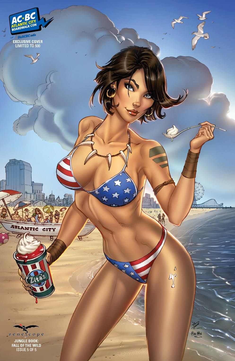 1girls american_flag american_flag_bikini atlantic_city beach big_breasts bikini bikini_bottom bikini_top blue_eyes bone_necklace bra breasts brown_hair busty comic_cover earrings female female_only grimm_fairy_tales_(comic) grimm_fairy_tales_zenescope hoop_earrings large_breasts lipstick michael_dooney mowglii_(zenescope) official_art panties pinup short_hair solo spoon text the_jungle_book tropical ula_mos umbrella whipped_cream zenescope zenescope_entertainment