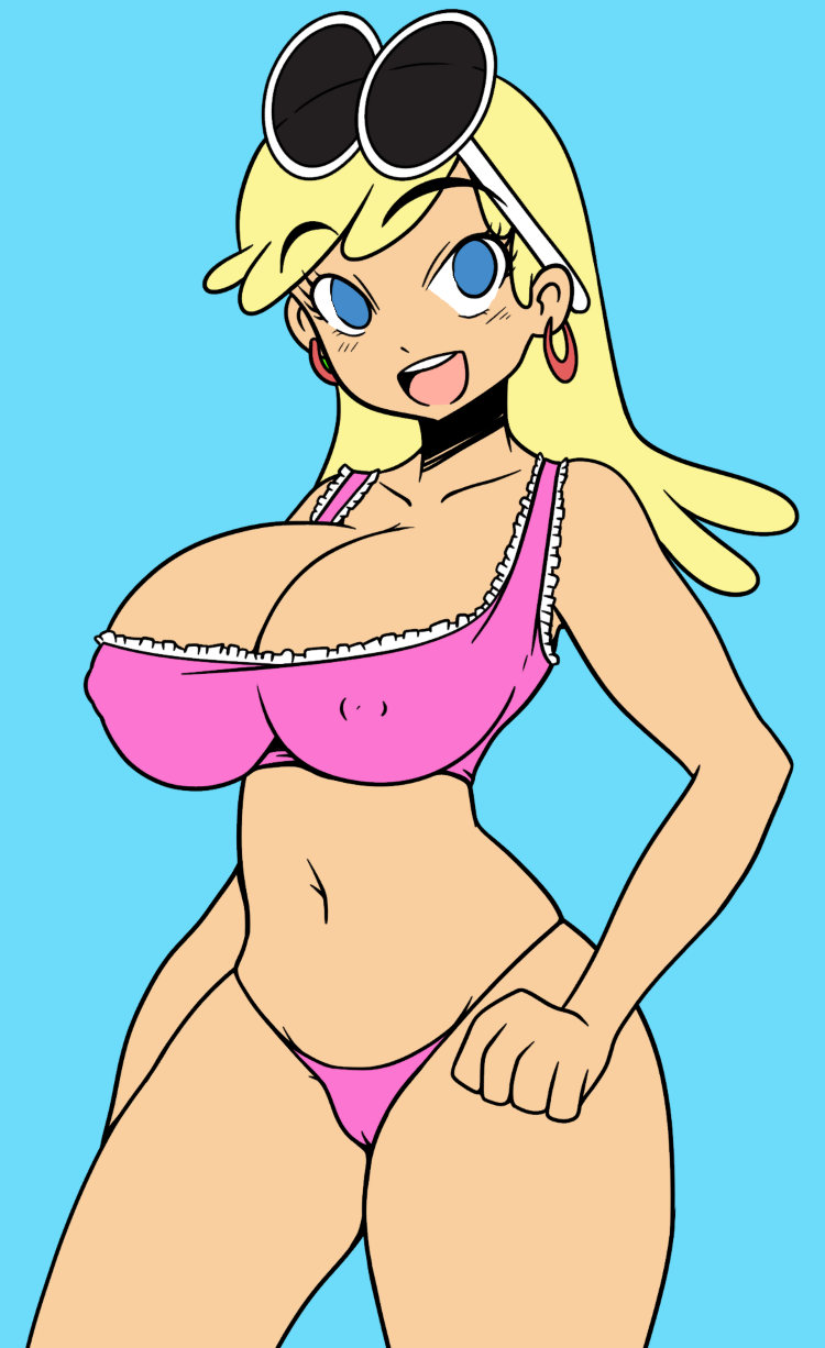 big breasts, blonde hair, blue background, blue eyes, bottomless, bra, breasts, busty, cleavage, curvaceous, earrings, female, female focus, female only, happy, heart, huge breasts, human, large breasts, leni loud, midriff, nipple bulge, nipples visible through clothing, open mouth, panties, plain background, solo, solo focus, stomach, straight hair, sunglasses, sunglasses on head, teeth, the loud house, thick thighs, voluptuous