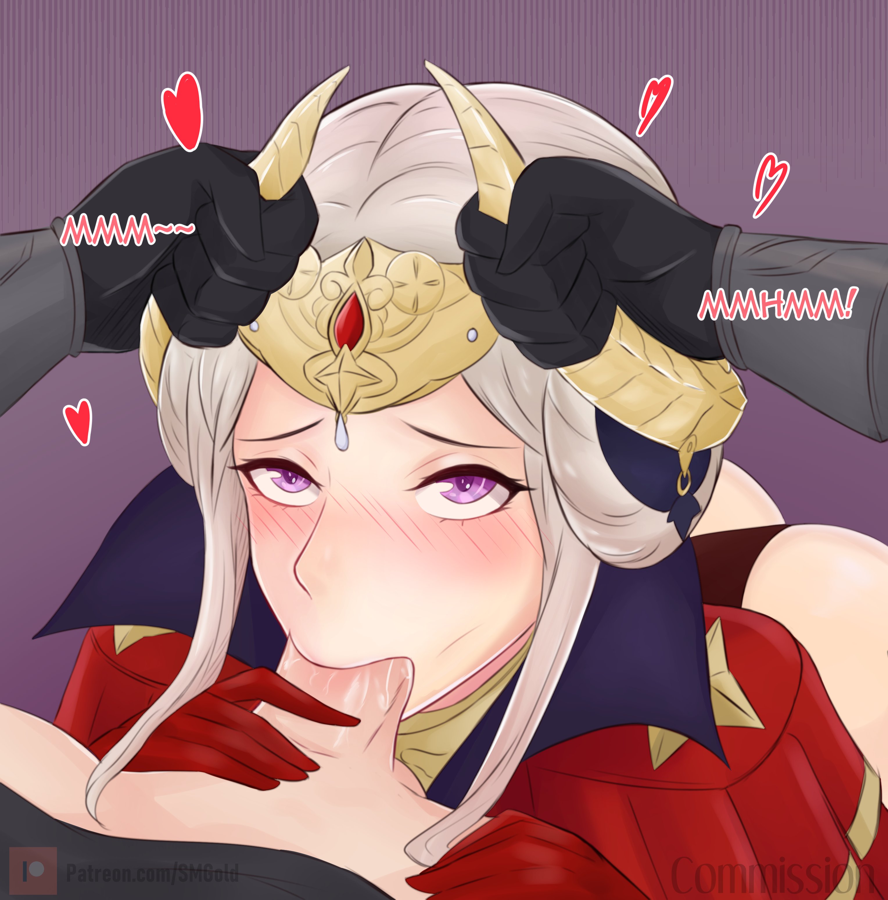 :>=, 1boy, 1girls, armor, blush, byleth (fire emblem), byleth (fire emblem) (male), crown, deepthroat, edelgard von hresvelg, eye contact, fellatio, female, fire emblem, fire emblem: three houses, hair bun, horn grab, horns, looking at viewer, male, male pov, nintendo, oral, pink eyes, post-timeskip, pov, royalty, smgold, tight throat, white hair